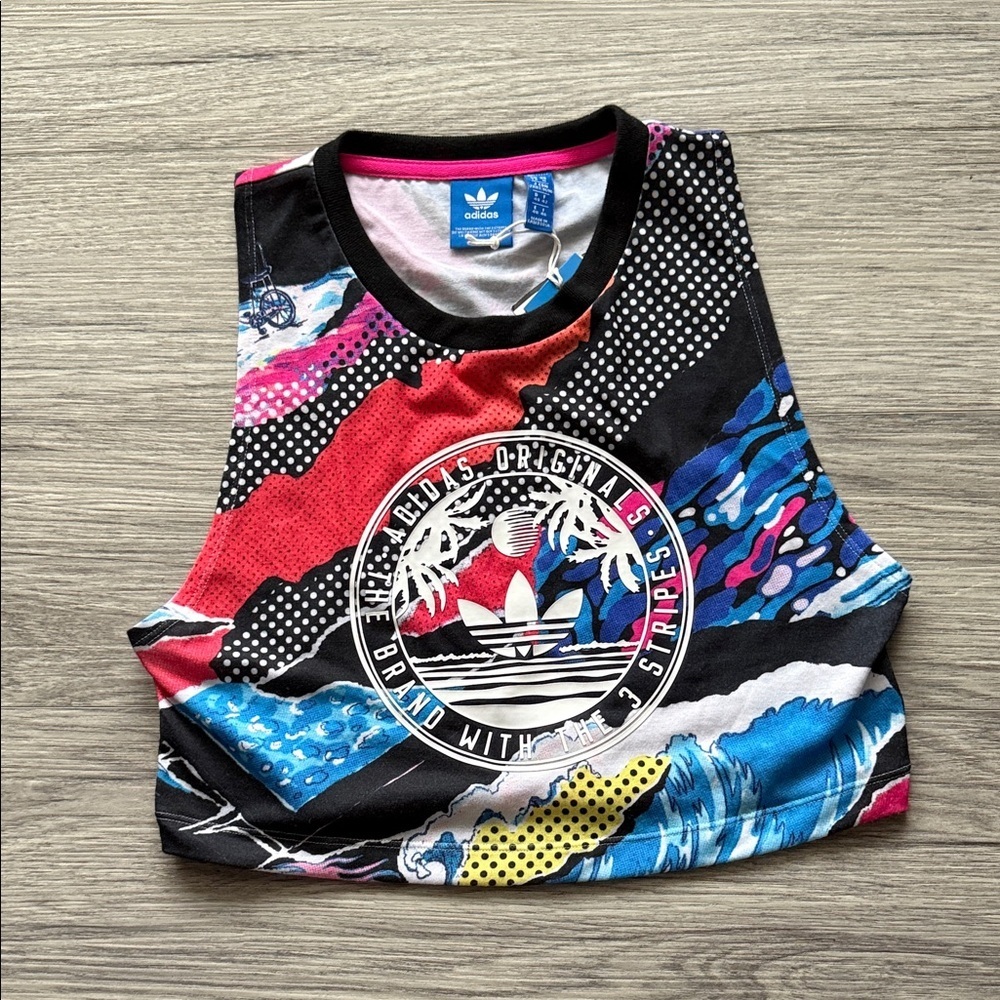 Adidas Originals Black and Pink Graphic Crop Top Tank Size M
